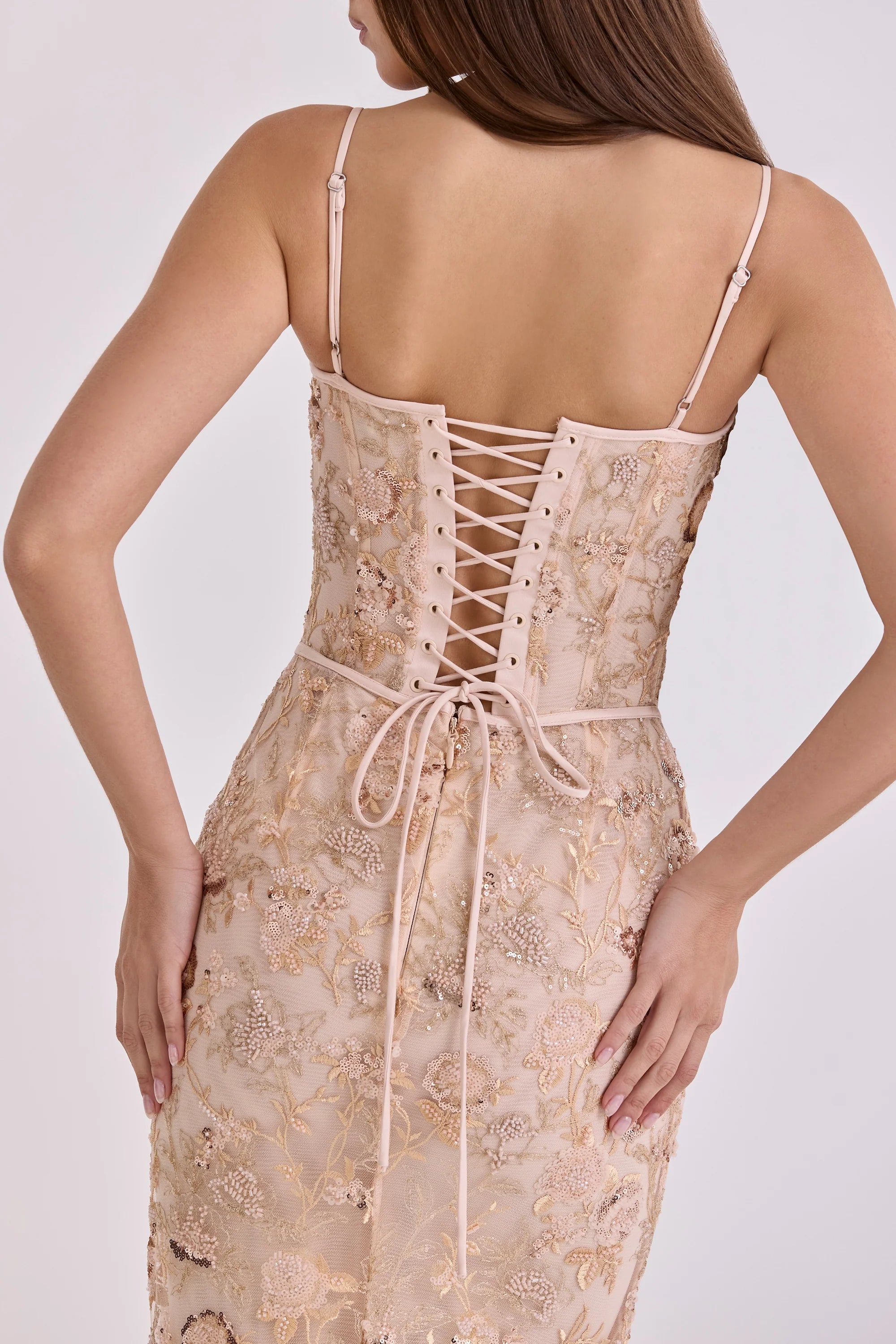 peach hand beaded embellished corset maxi dress limited edition