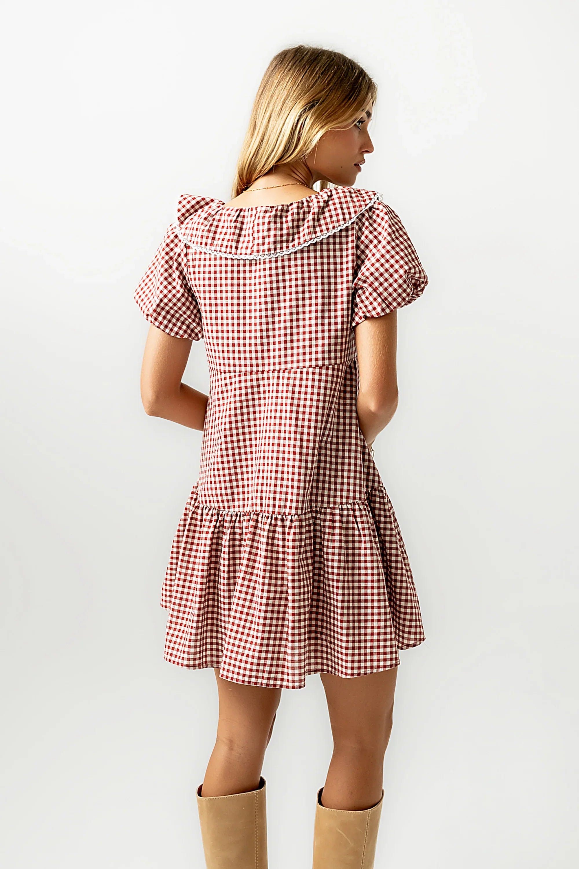 Tony Gingham Baby Doll Dress in Burgundy