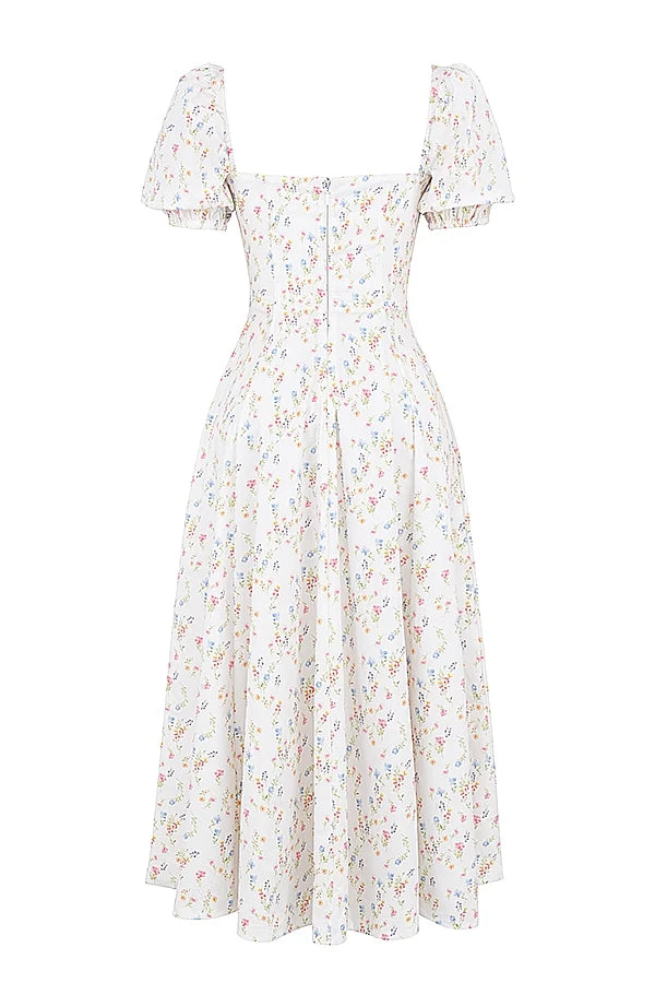 white posy print cotton puff sleeve midi sundress