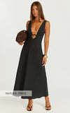 Silvena Midi Dress Plunge Neckline Tie Front A Line Dress in Black