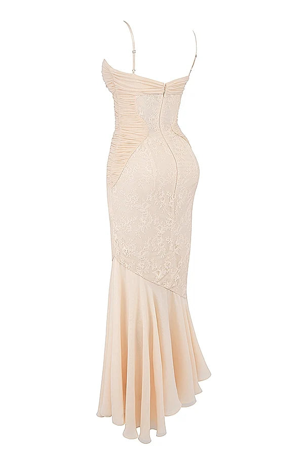 vanilla chiffon lace gown
