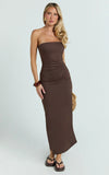 Natasha Midi Dress Strapless Ruched Column Dress in Chocolate