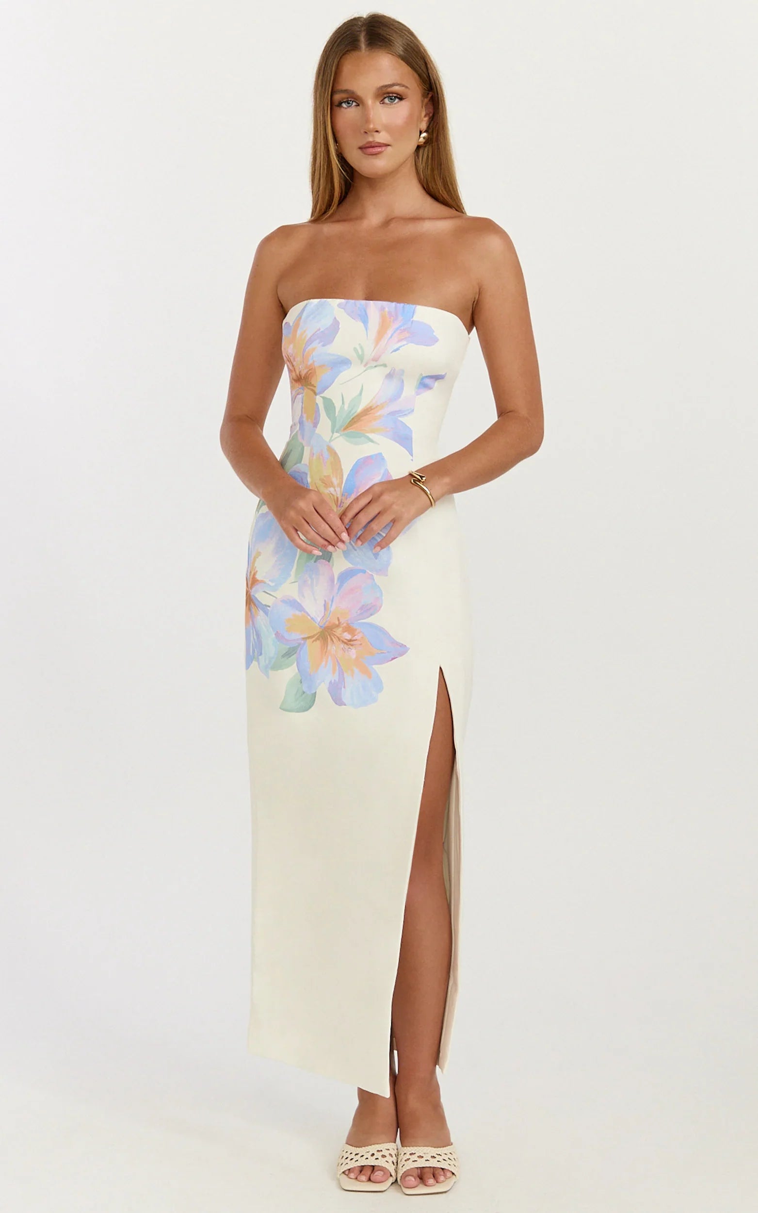 Astra Midi Dress Strapless Split Leg Column Dress in Astra Posey Floral Print