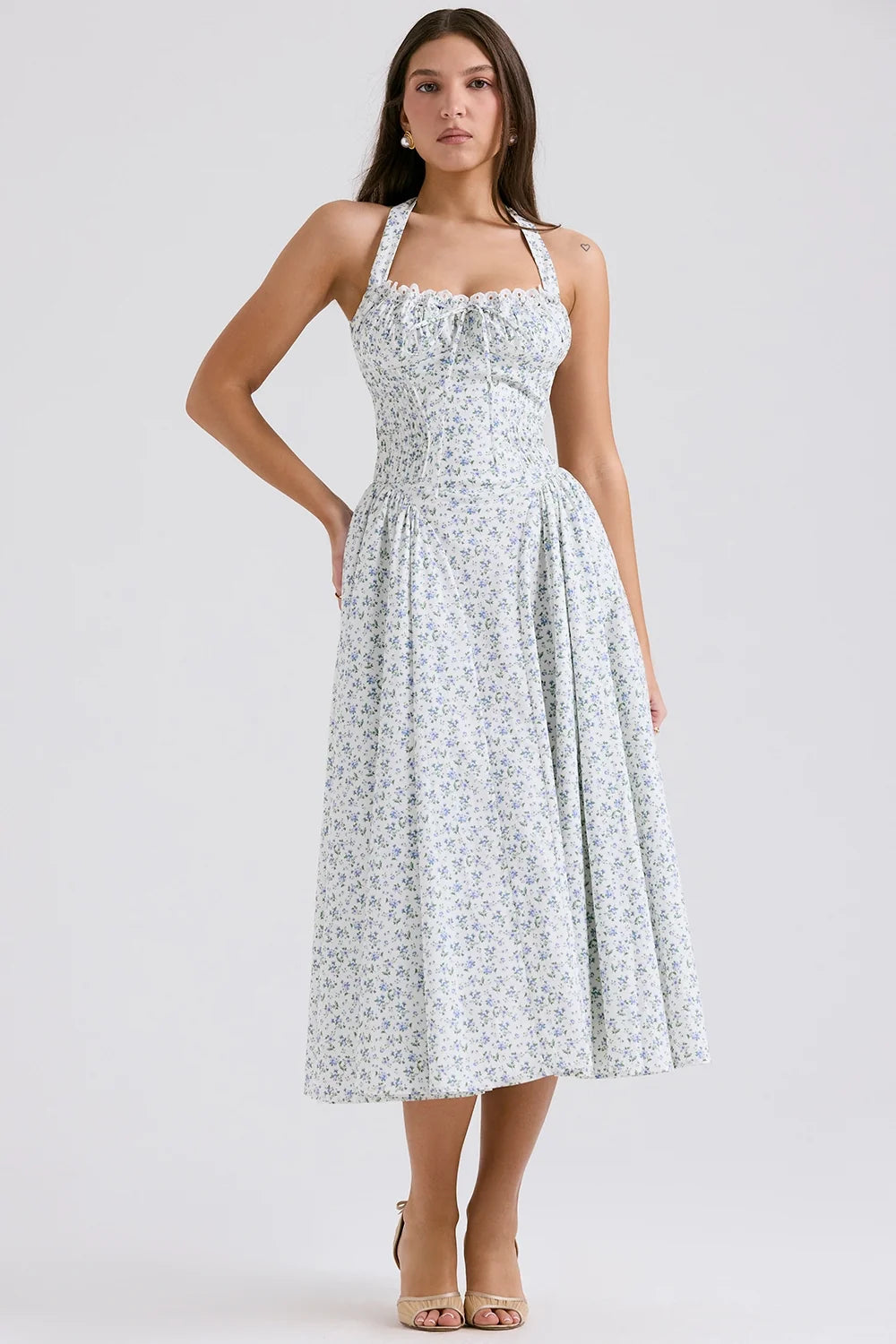 white bluebell print cotton halter sundress