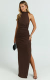 Francis Maxi Dress Halter Ruched Backless Dress in Dark Chocolate