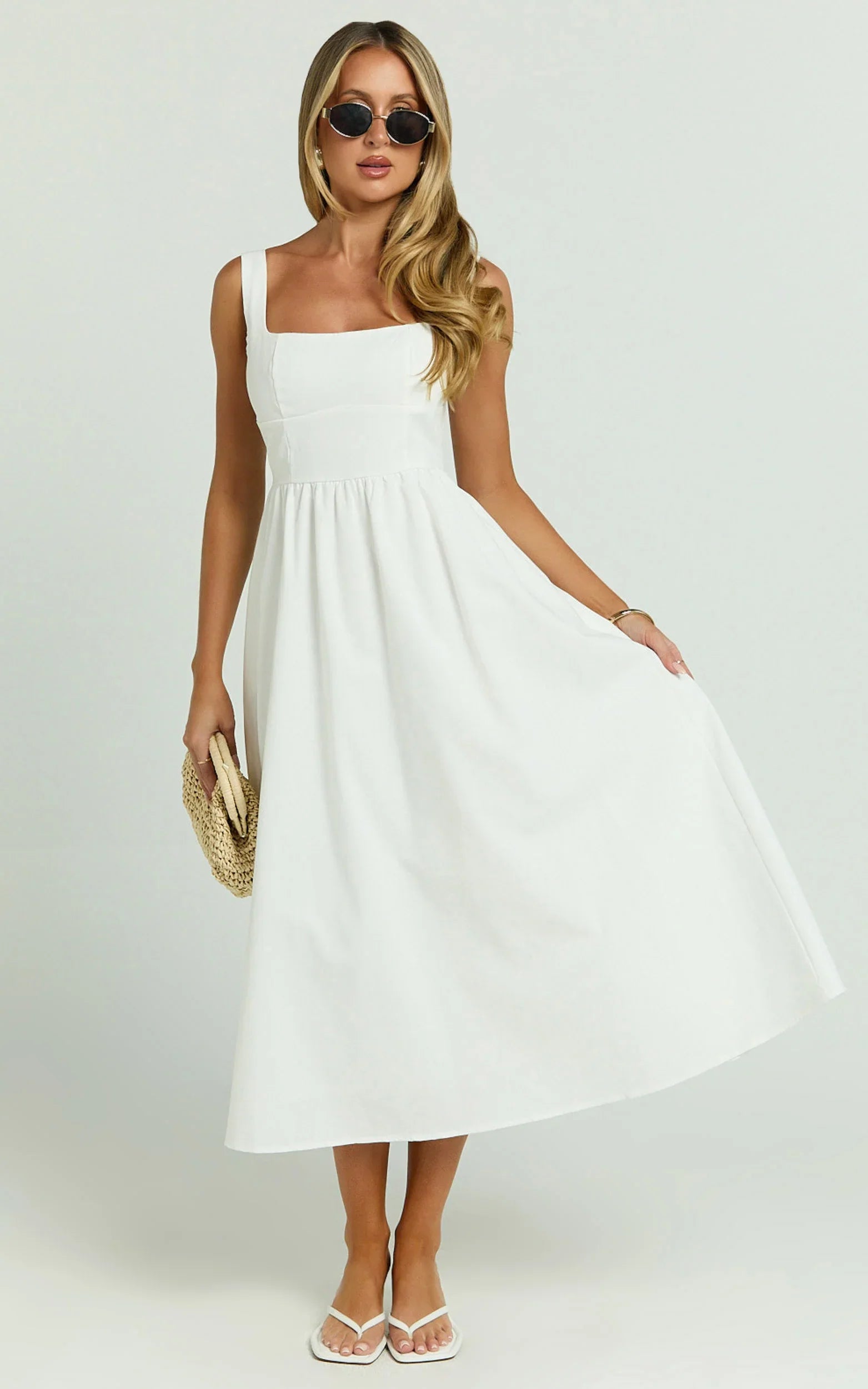 Khari Midi Dress Linen Look Square A Line Dress in White