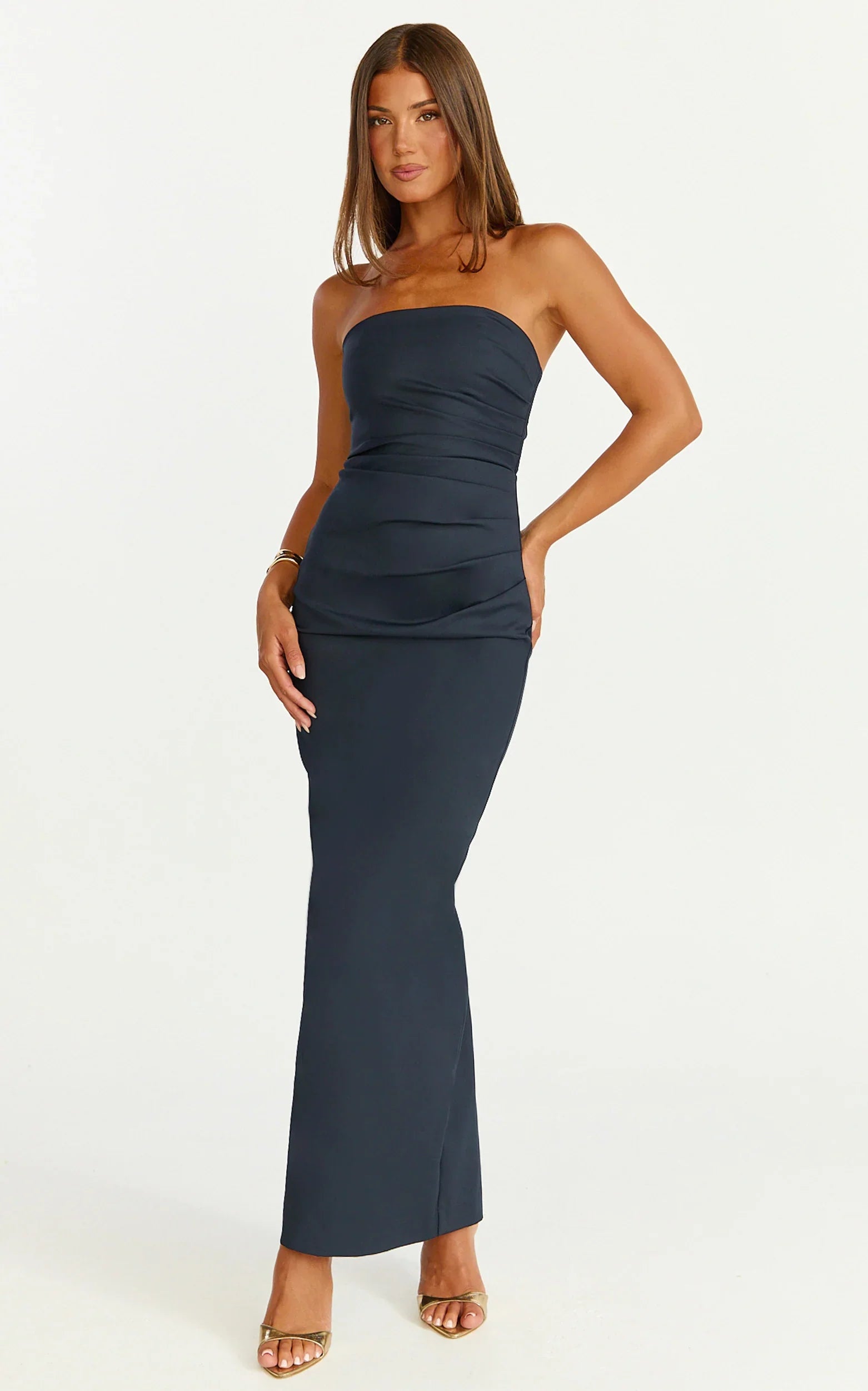 Jamie Maxi Dress Strapless Ruched Fitted Column Dress in Navy