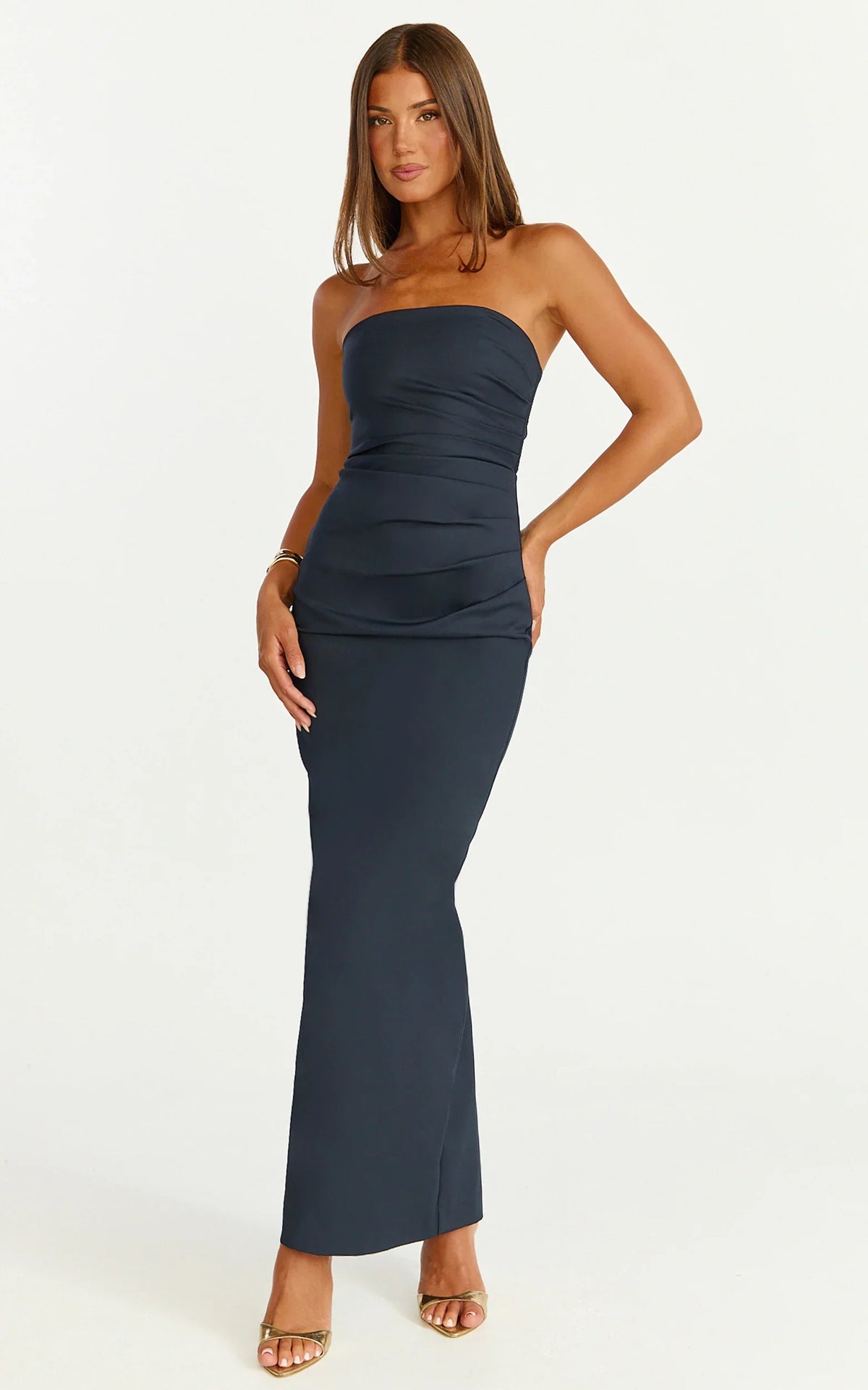 Jamie Maxi Dress Strapless Ruched Fitted Column Dress in Navy