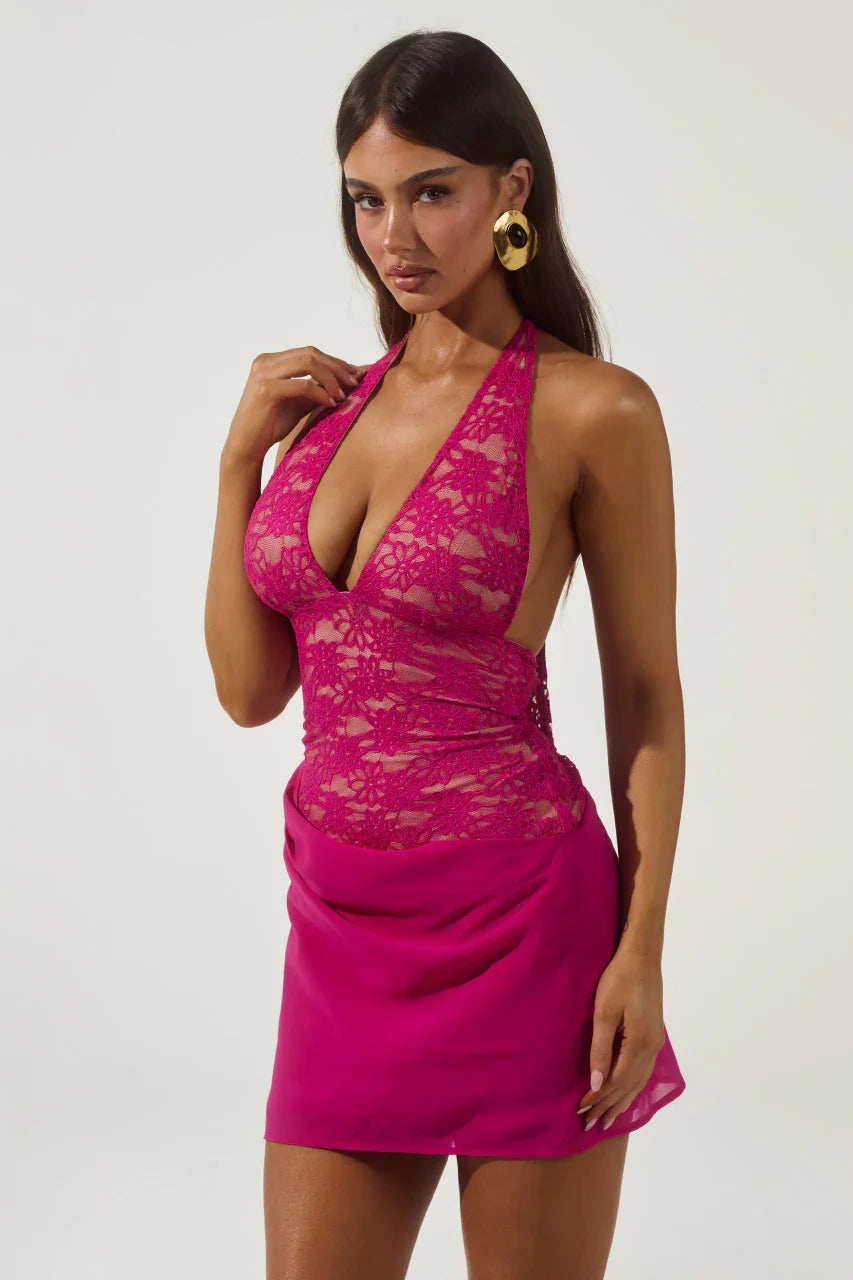 LINA HALTER DRAPED MINI DRESS BERRY