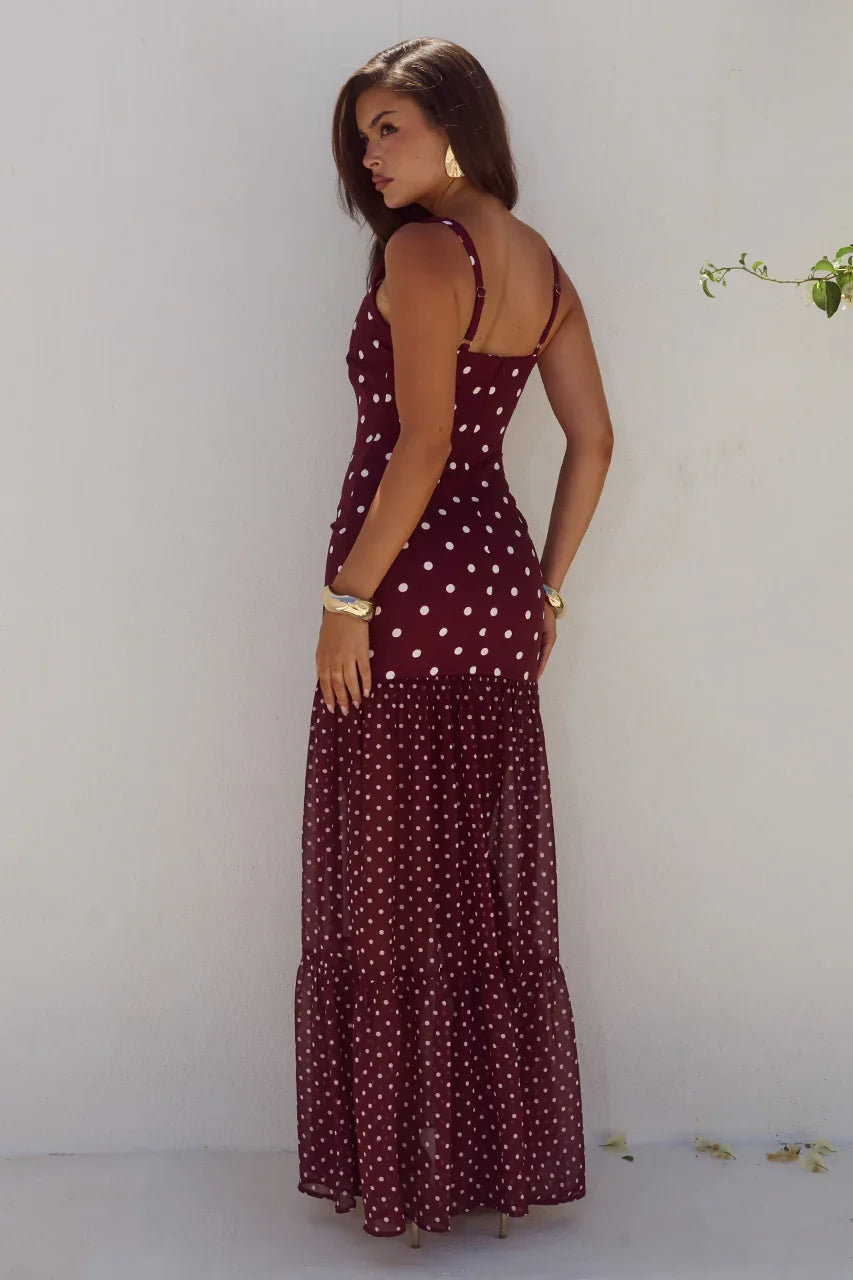 TILLIE SHEER BOTTOM MAXI DRESS WINE WHITE POLKA