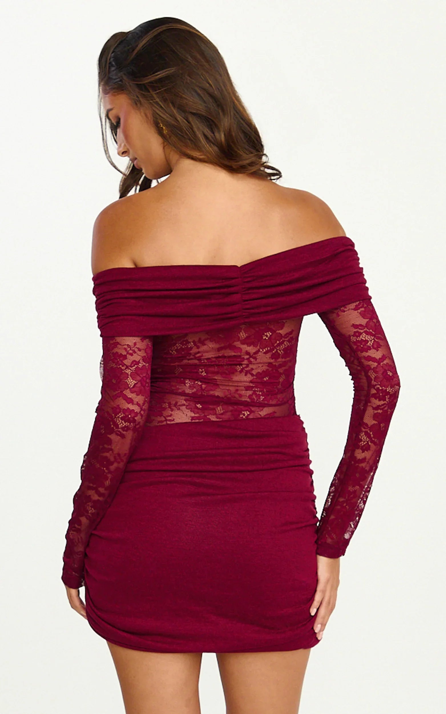 Juliet Mini Dress Off Shoulder Lace Contrast Bodycon Dress in Wine