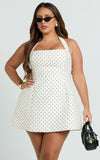 Dante Mini Dress Halter Neck Tie Tulip Skirt Dress in White Polkadot
