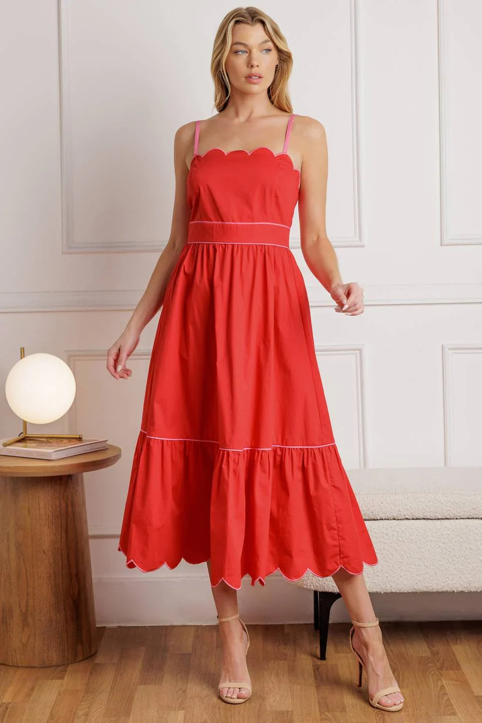 SWEET DREAMS RED PINK SCALLOPED EDGE MIDI DRESS