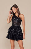 CHRISTIE MINI DRESS BLACK ONE SHOULDER TIERED SHORT DRESS