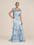 Light Blue Straps with Bows Mermaid Satin Tiered Long Bridesmaid Dress