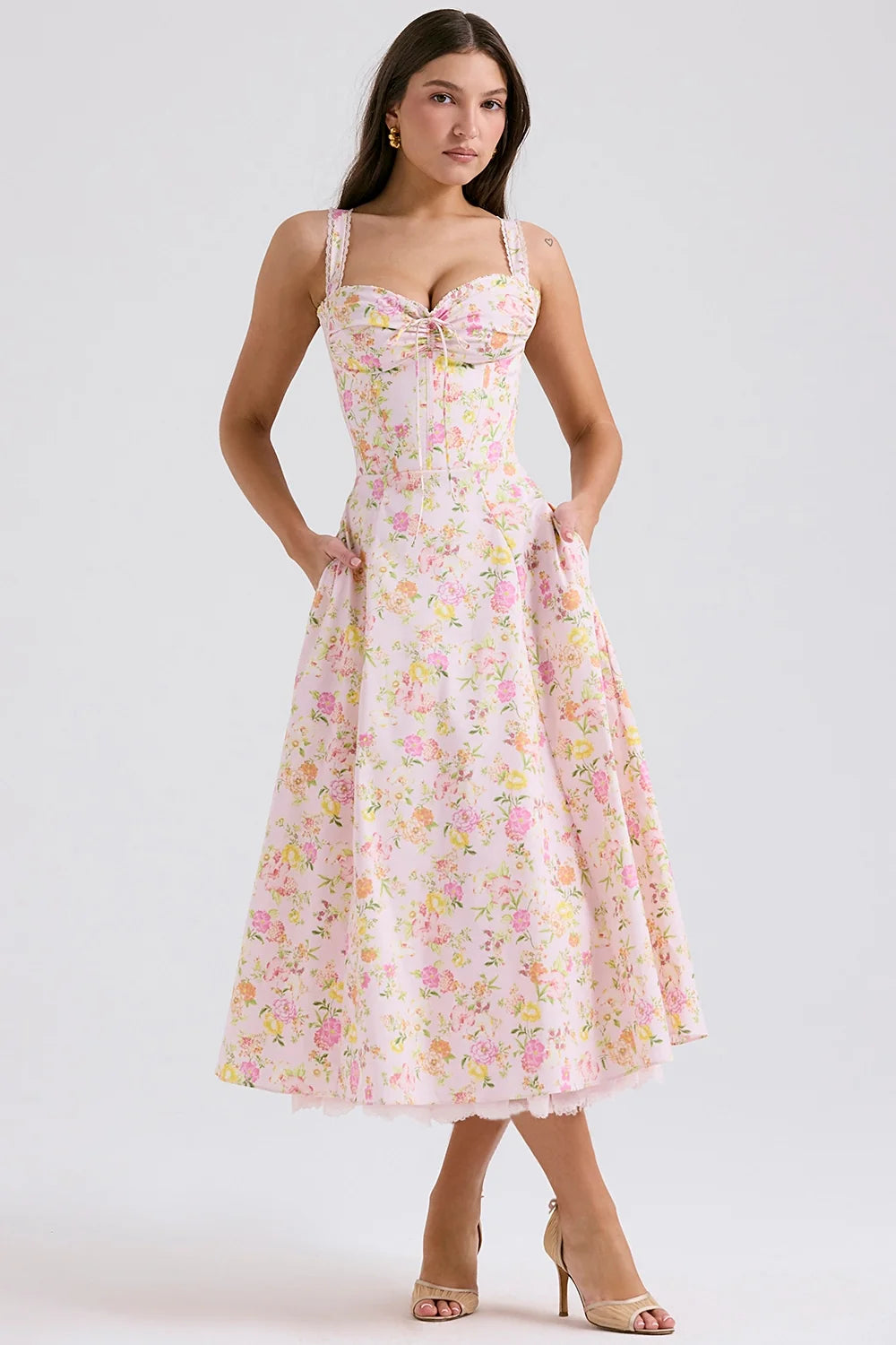 pink meadow print cotton bustier sundress