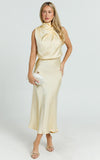 Minnie Midi Dress Drape Neck Satin Slip Dress in Butter Yellow
