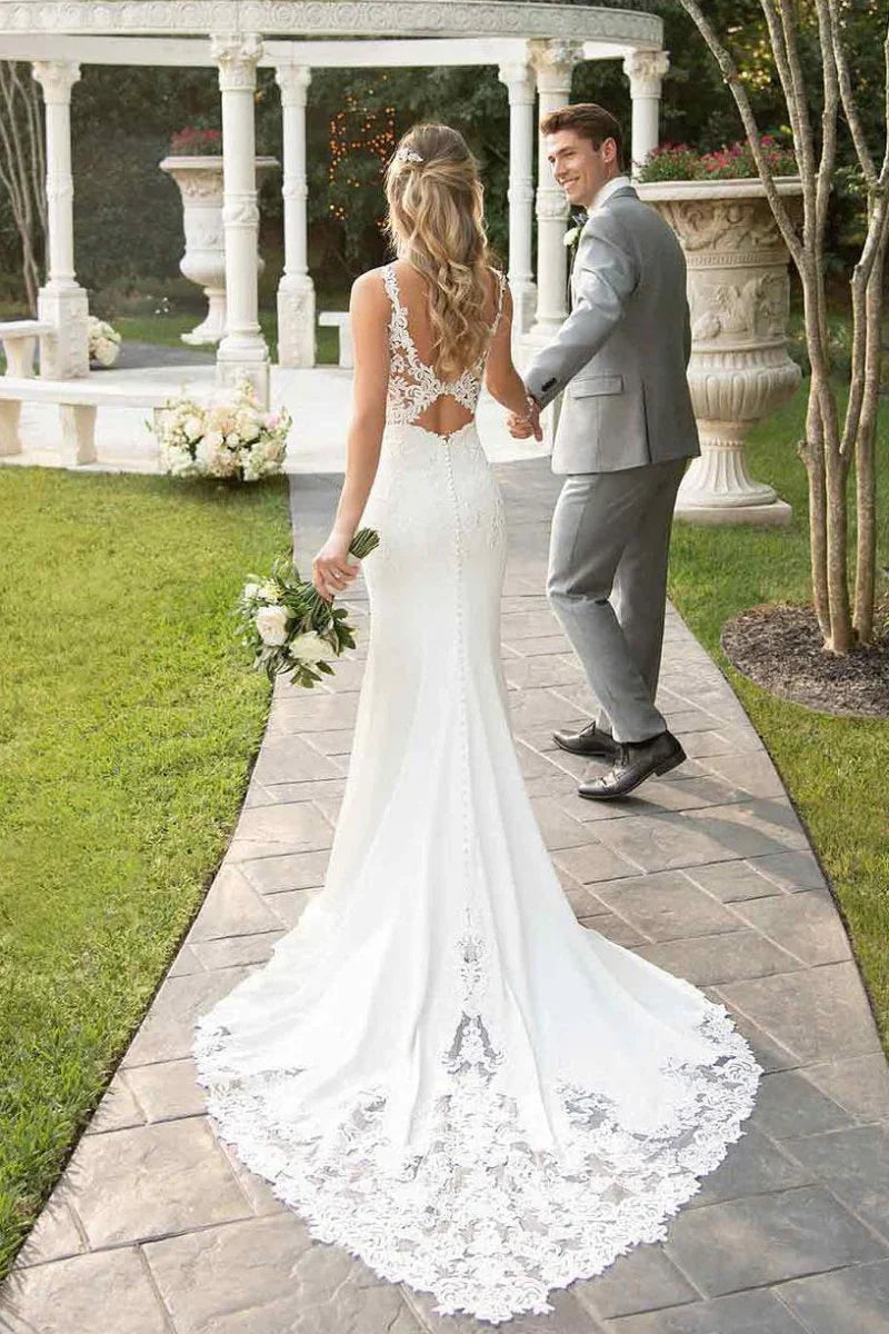 Lace Straps Sweep Train Mermaid White Wedding Dress