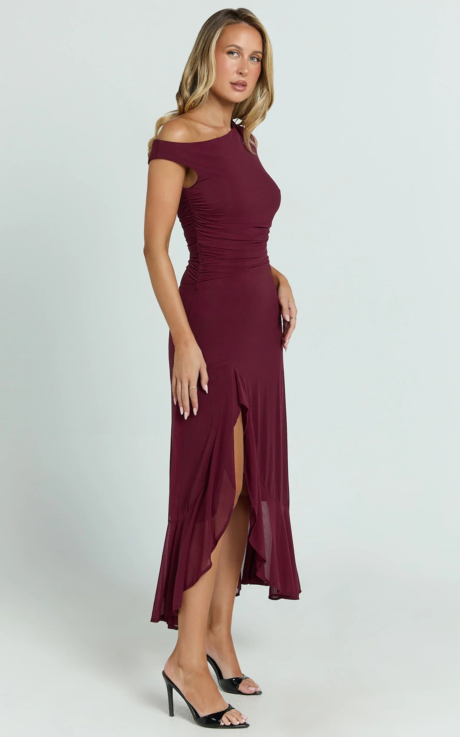Judee Midi Dress One Shoulder High Side Split Dress in Wine