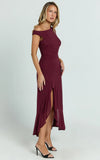 Judee Midi Dress One Shoulder High Side Split Dress in Wine