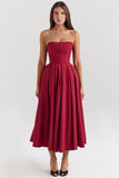 berry strapless detachable bow midi dress