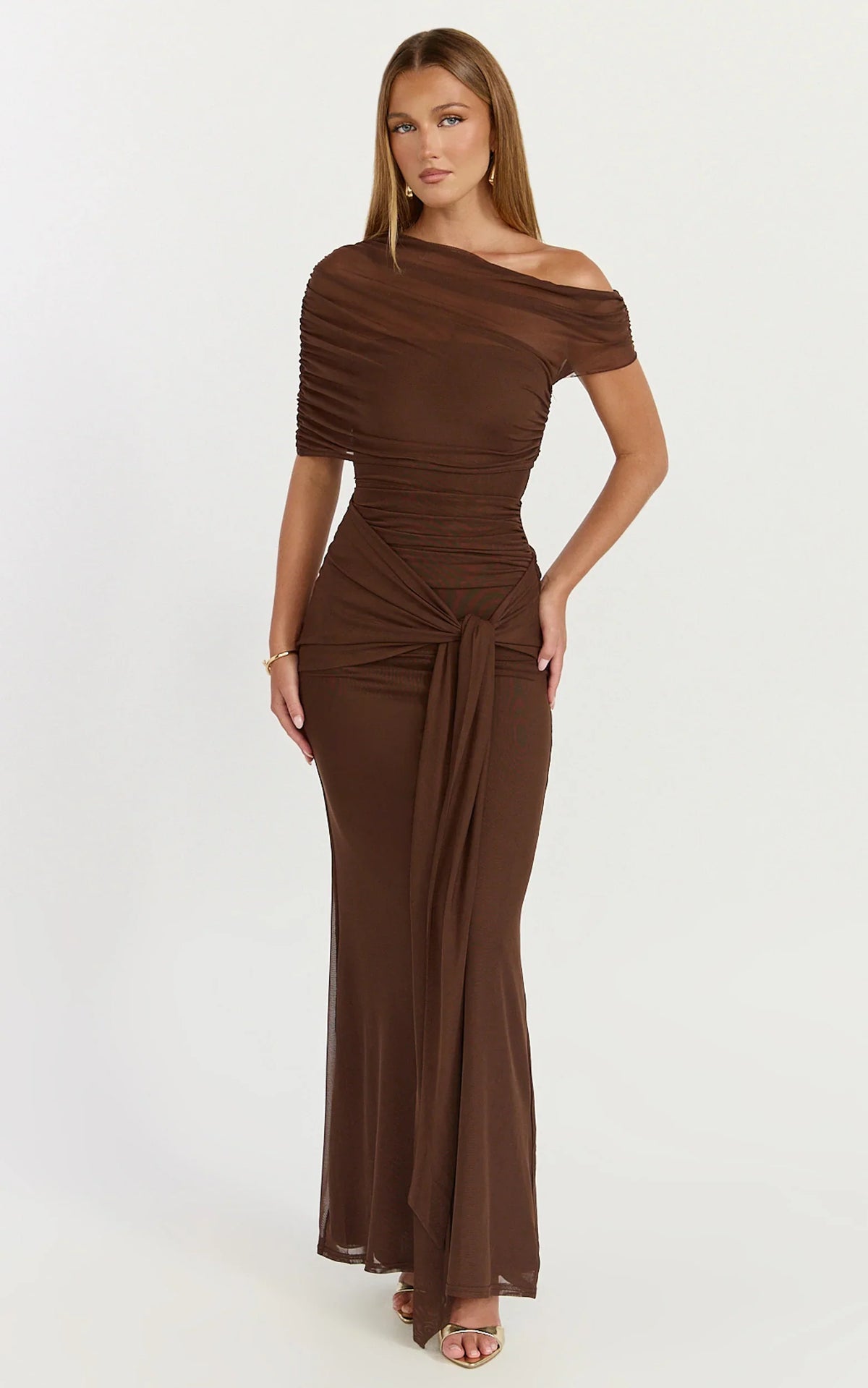 Nicolette Maxi Dress Cape Sleeve Off Shoulder Dress in Chocolate