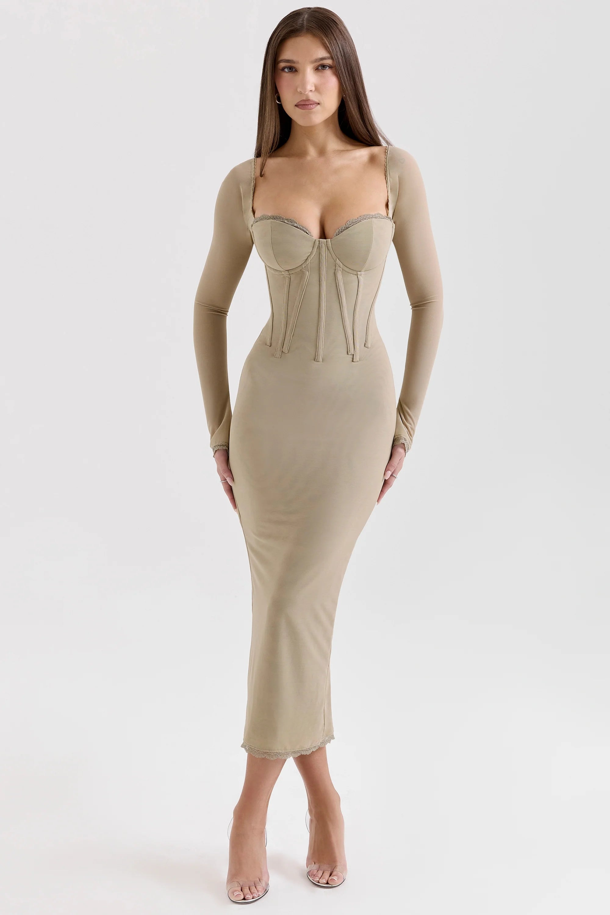 beige mesh long sleeve bodycon midi dress