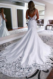 White Mermaid Long Satin Wedding Dress with Appliqued