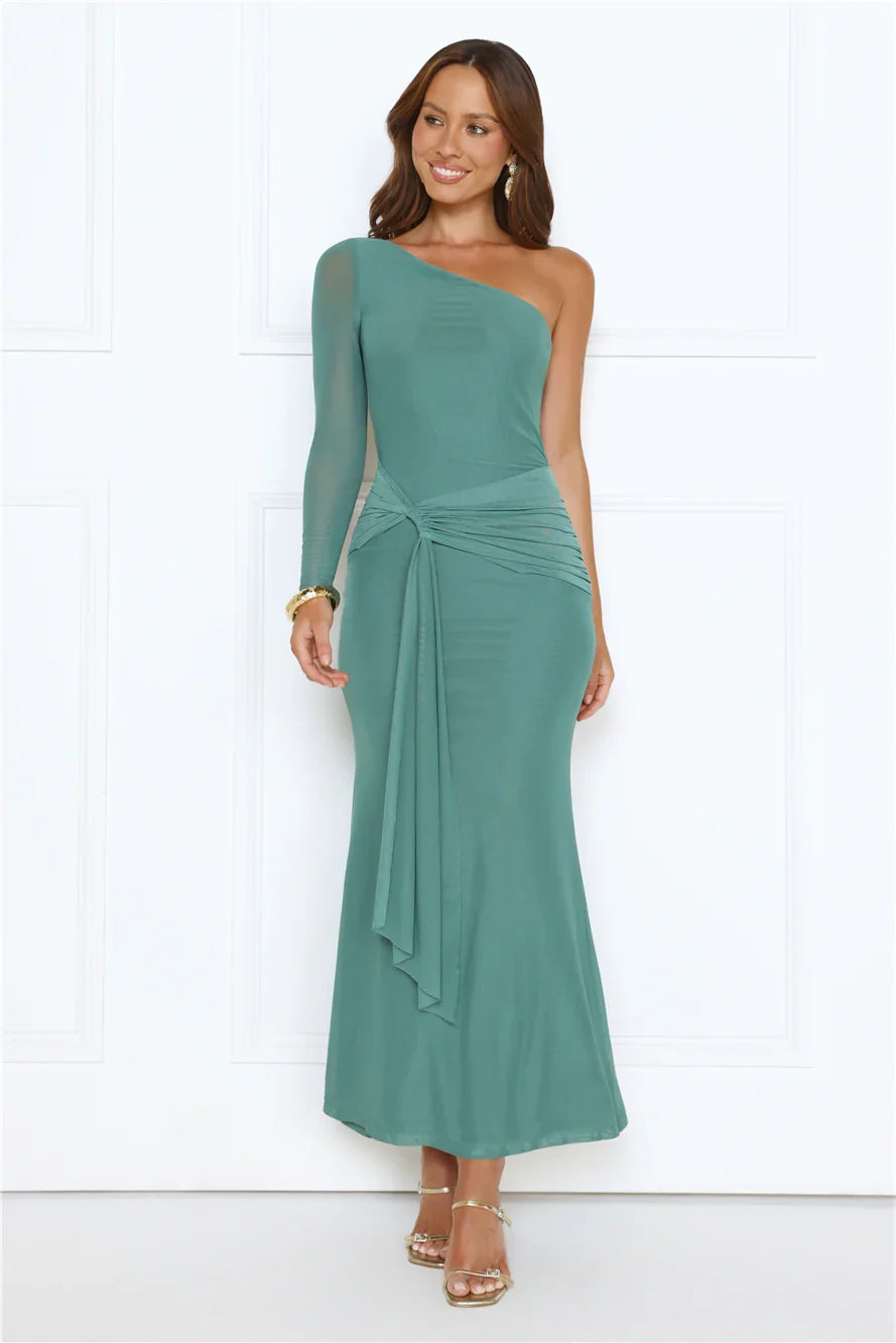 Dressed In Love One Shoulder Mesh Maxi Dress Green