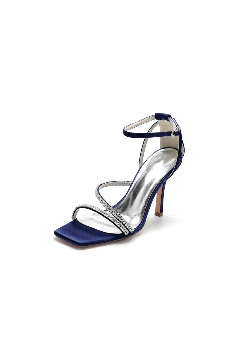 Square OpenToe Beaded Ankle Strap Satin Stiletto Heels