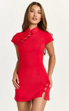Nadia Mini Dress Cap Sleeve Mandarin Collar Fitted Dress in Red with Red Trim