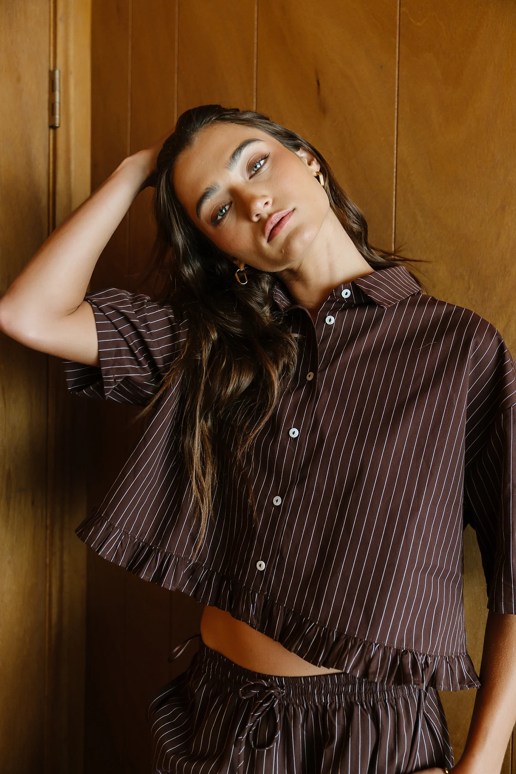 Melody Pinstripe Blouse in Dark Brown