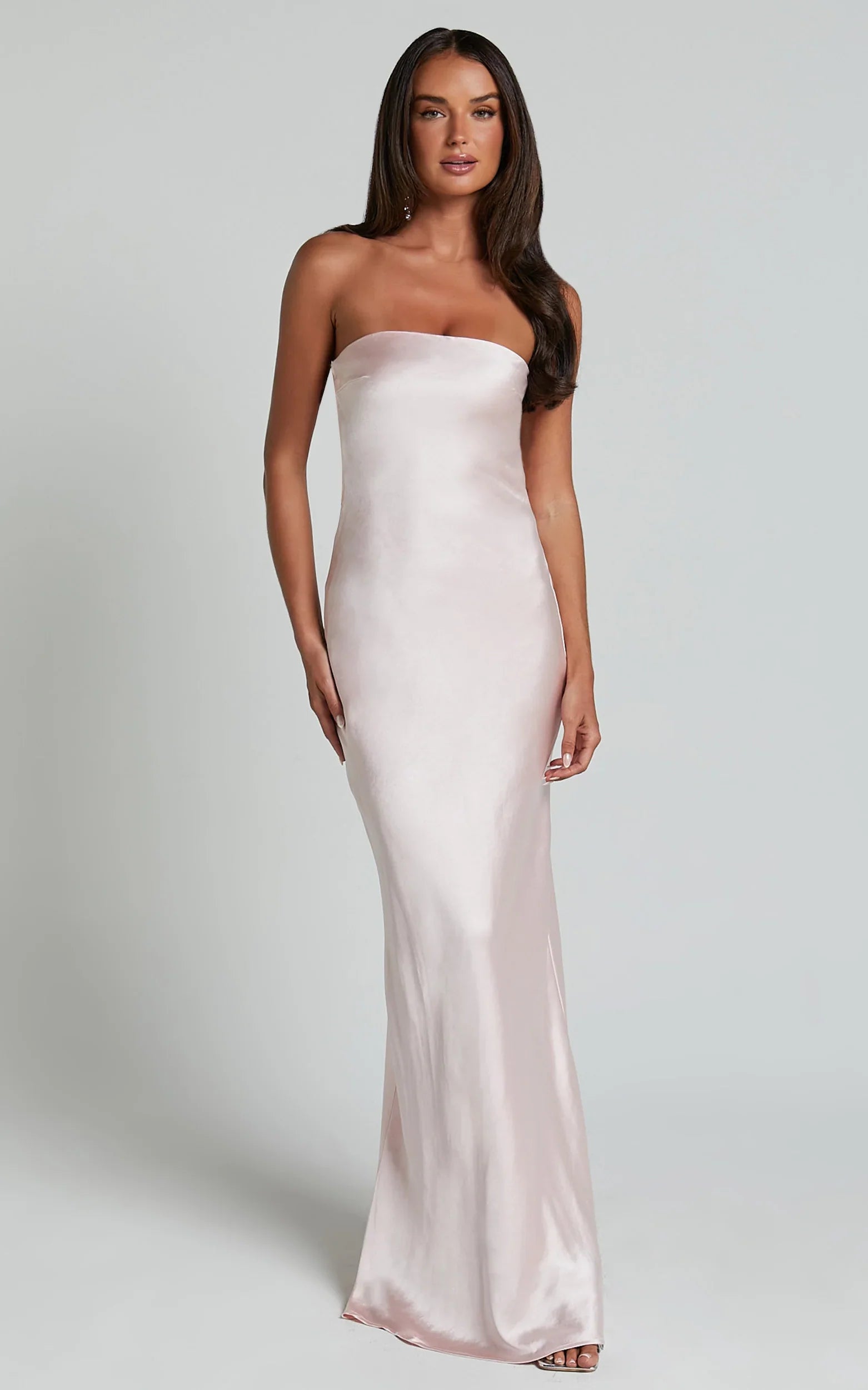 Charlita Maxi Dress Strapless Cowl Back Satin Dress in Pale Pink