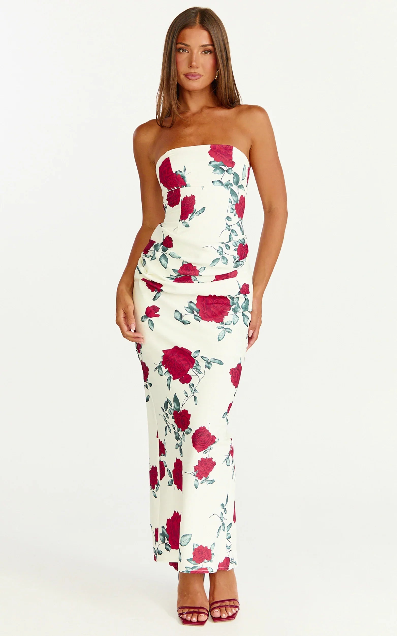 Dahlia Midi Dress Strapless Draped Cowl Waist Fitted Dress in Scarlet Rose Print