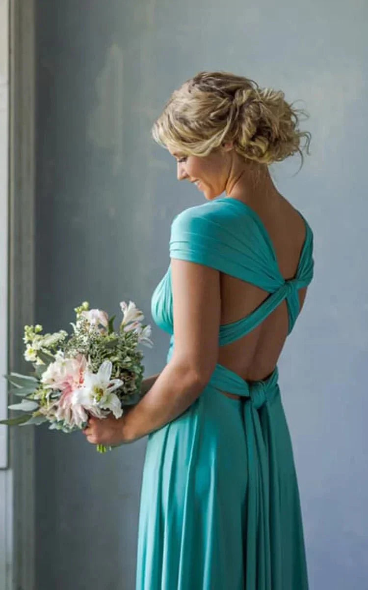A Line Halter Neck Jersey Bridesmaid Dress With Half Sleeves And Straps Back