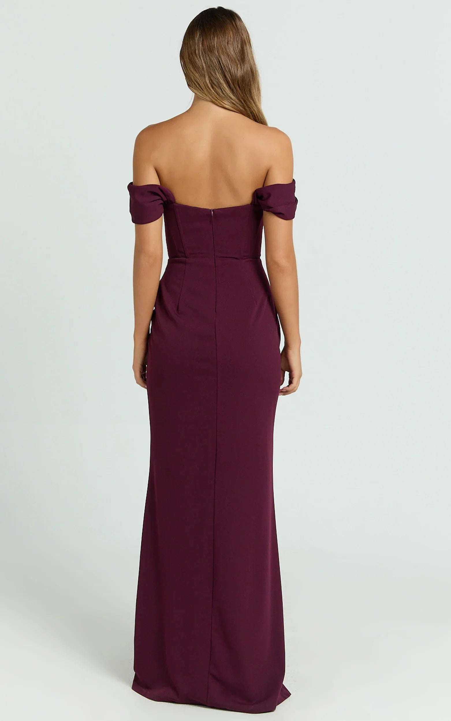 Marcel Maxi Dress Off Shoulder Corset High Split Dress in Wine