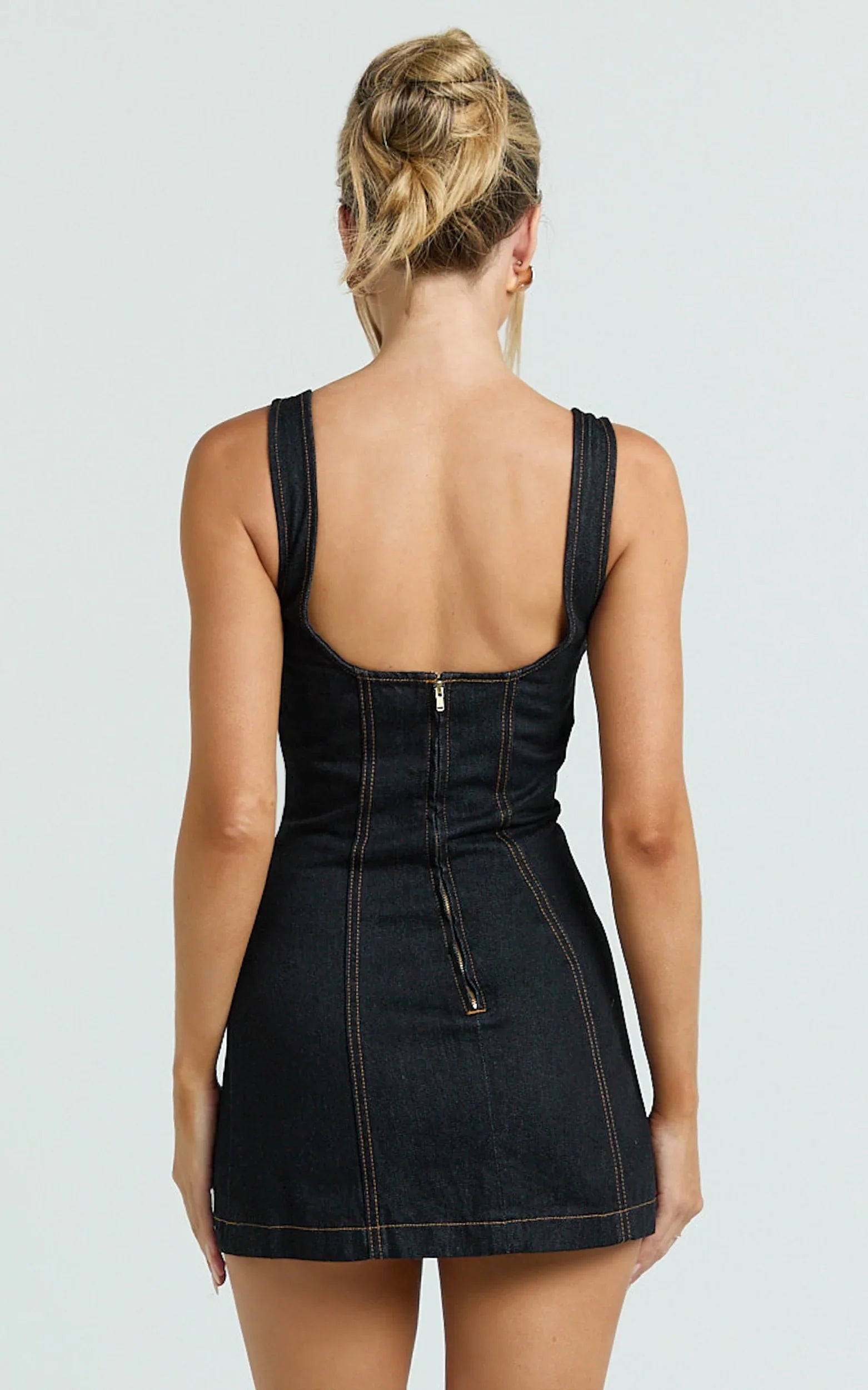 Fabia Mini Dress Denim Square Neck Fitted Dress in Dark Wash