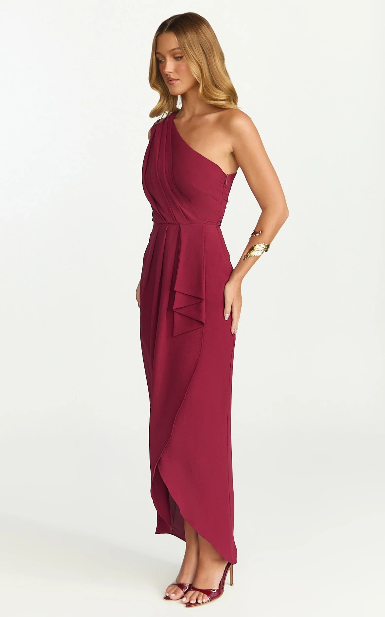 Namaari Midi Dress Faux Wrap One Shoulder Dress in Wine