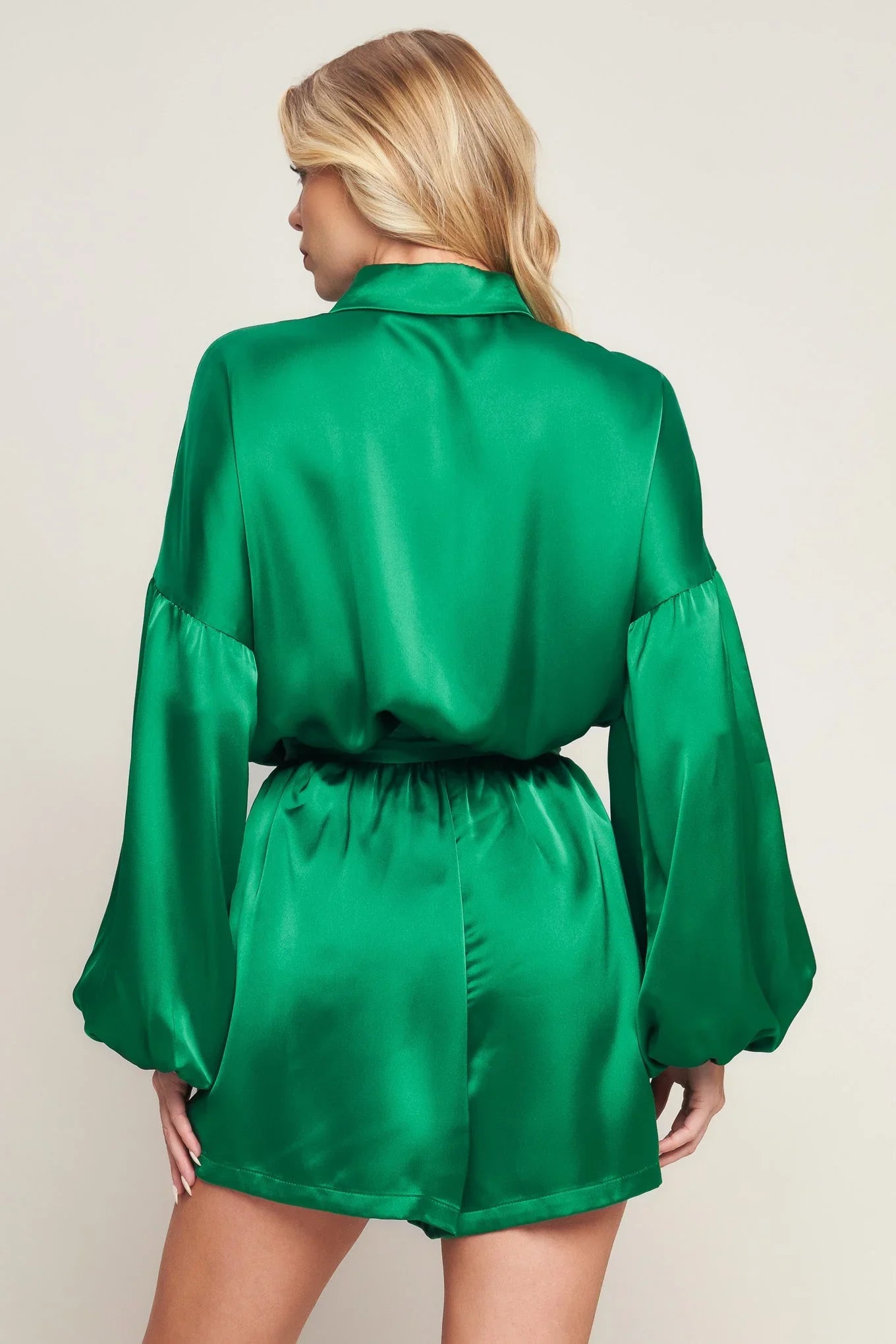 CELEBRATION TIME GREEN SATIN ROMPER WITH LONG SLEEVES