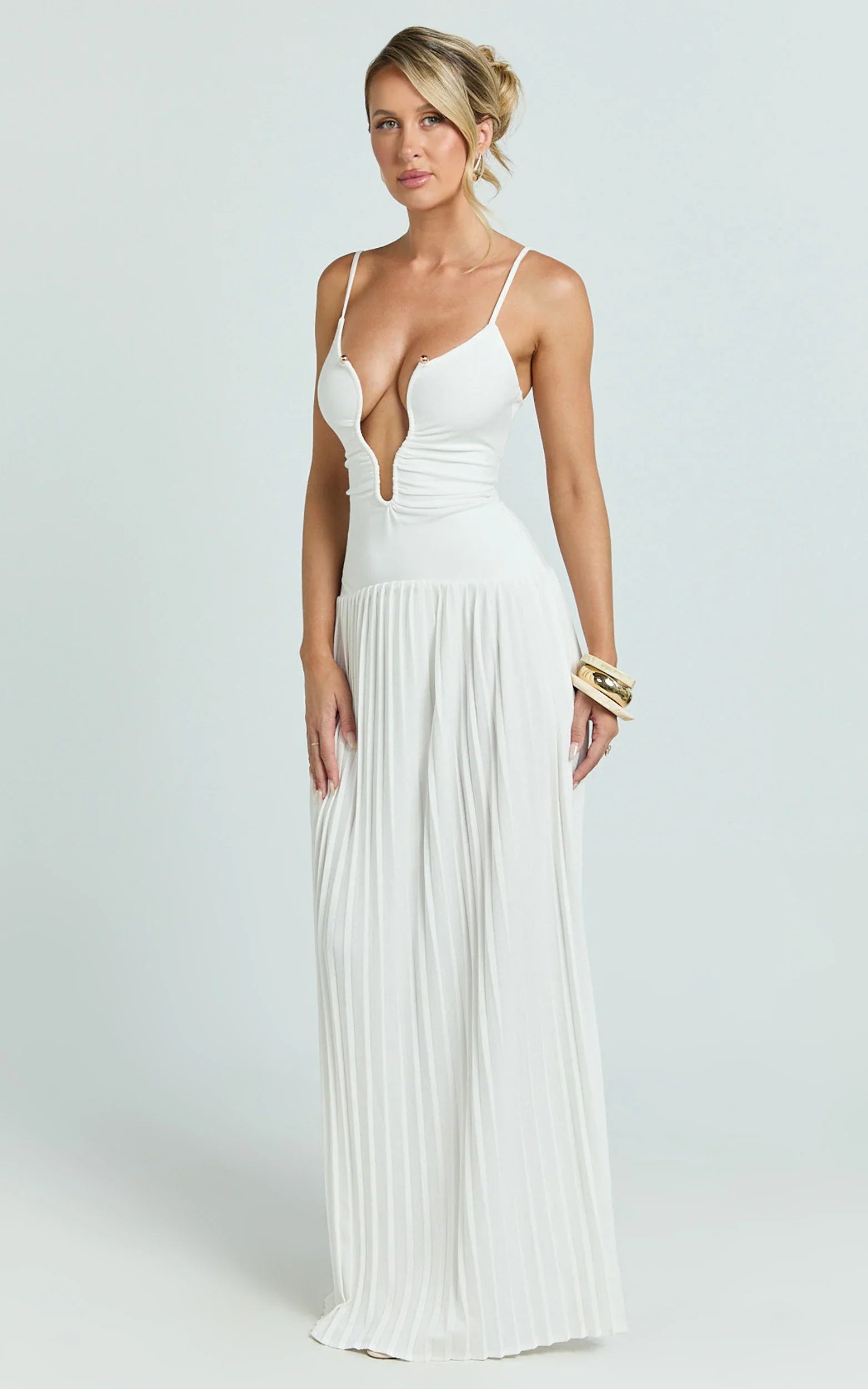 Hathaway Maxi Dress U Shaped Neck Pleated Dress in Ivory