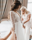 Elegant A Line V Neck Tulle Wedding Dresses with Lace
