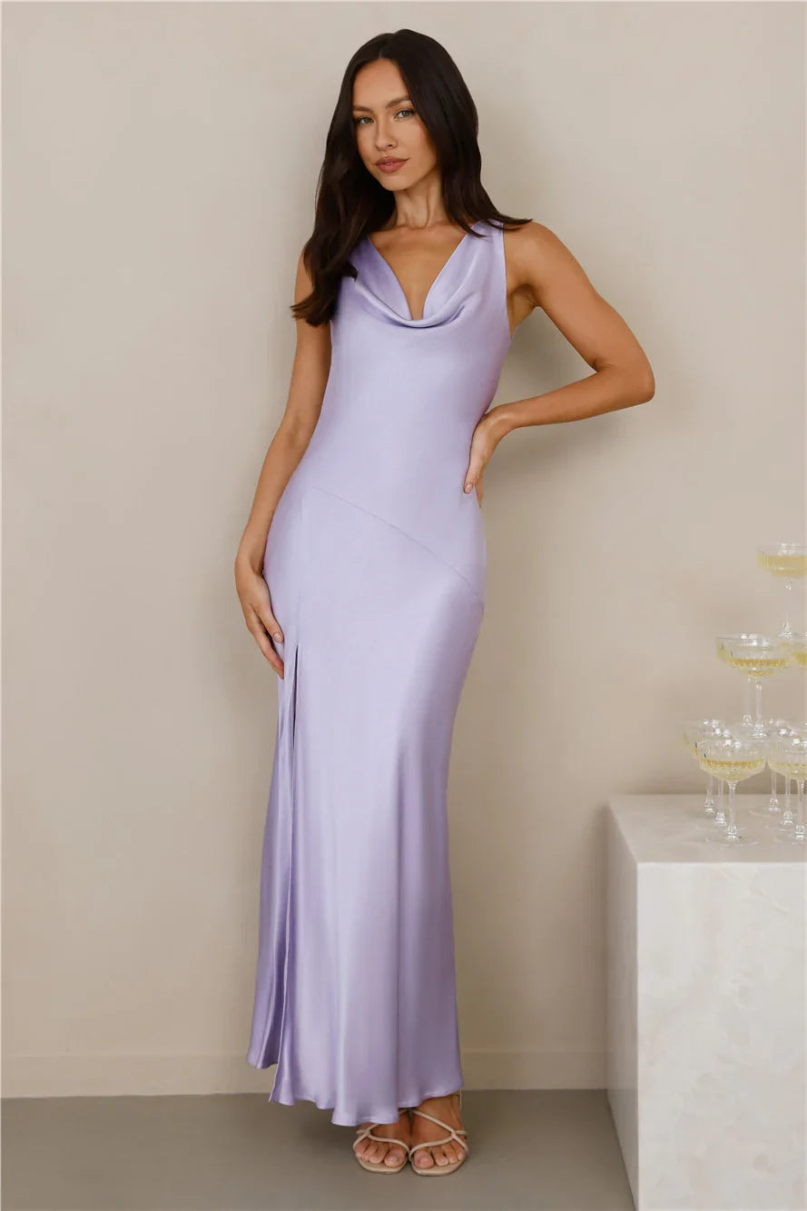 The Loretta Cowl Satin Maxi Dress Lilac