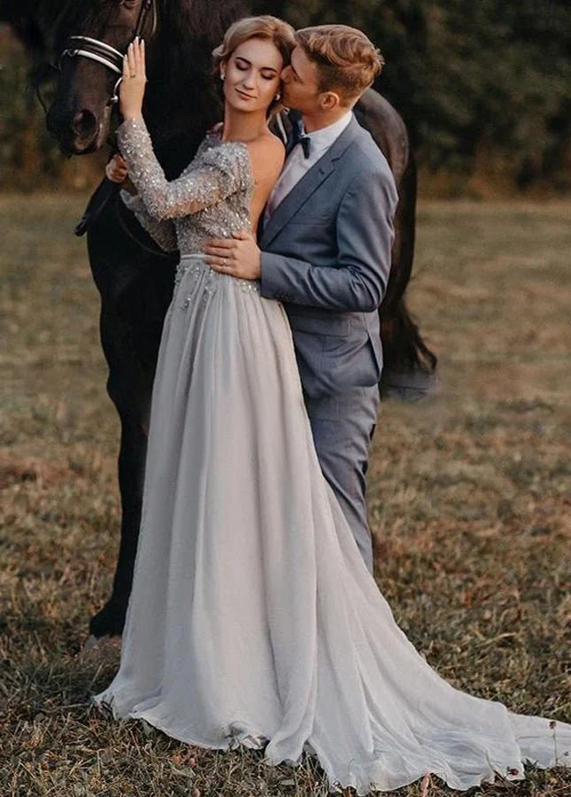 Bohemian Long Sleeve Appliqued Beading Tulle Backless Wedding Bridal Gowns
