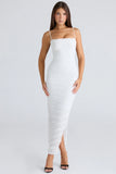 white gathered stretch mesh maxi dress