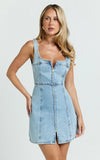 Chrysoula Mini Dress Square Neck Zip Front Sleeveless Bodycon Denim in Light Blue Wash