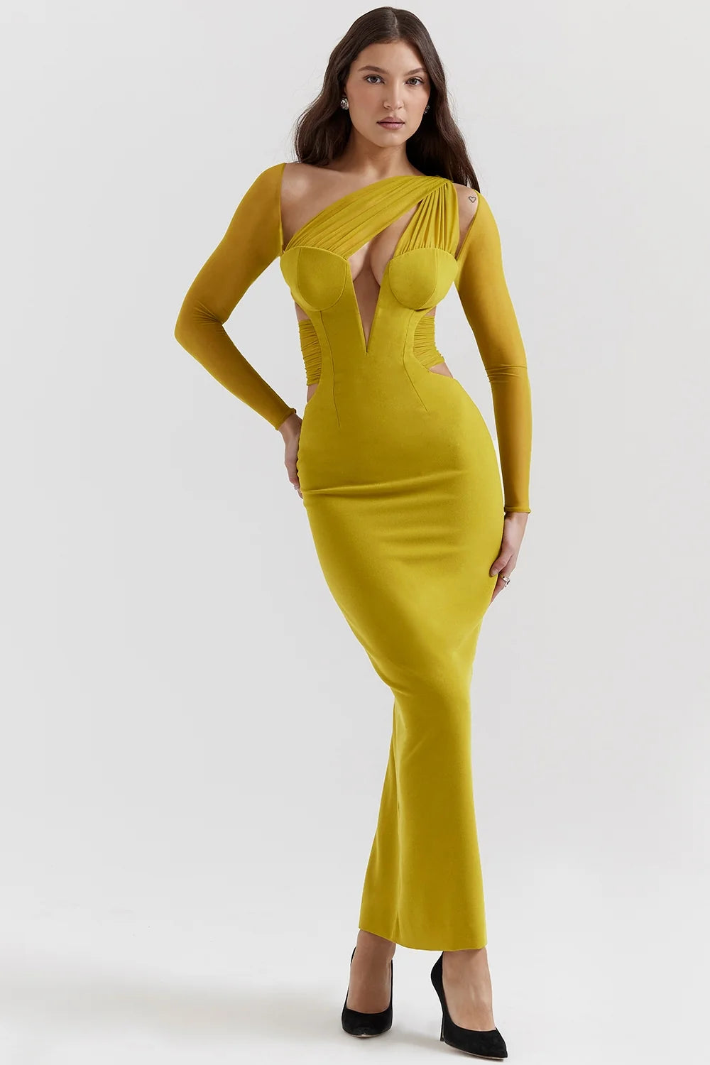 chartreuse plunge maxi dress
