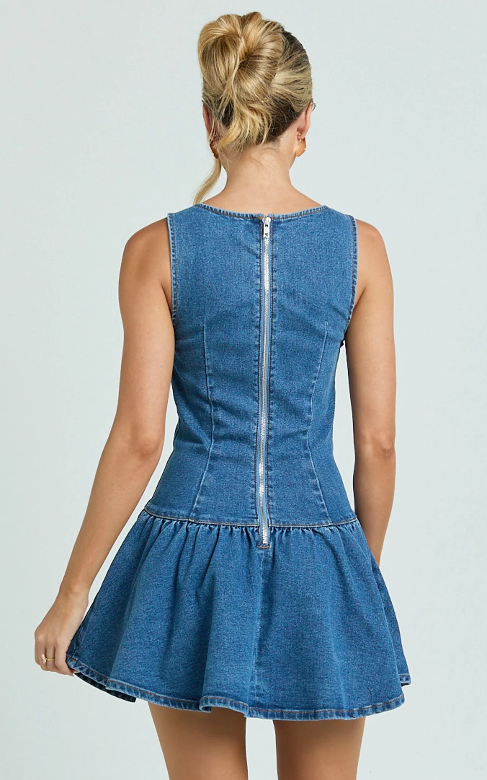 Vera Mini Dress Boat Neck Drop Waist Fit And Flare Denim Dress in Mid Blue Wash