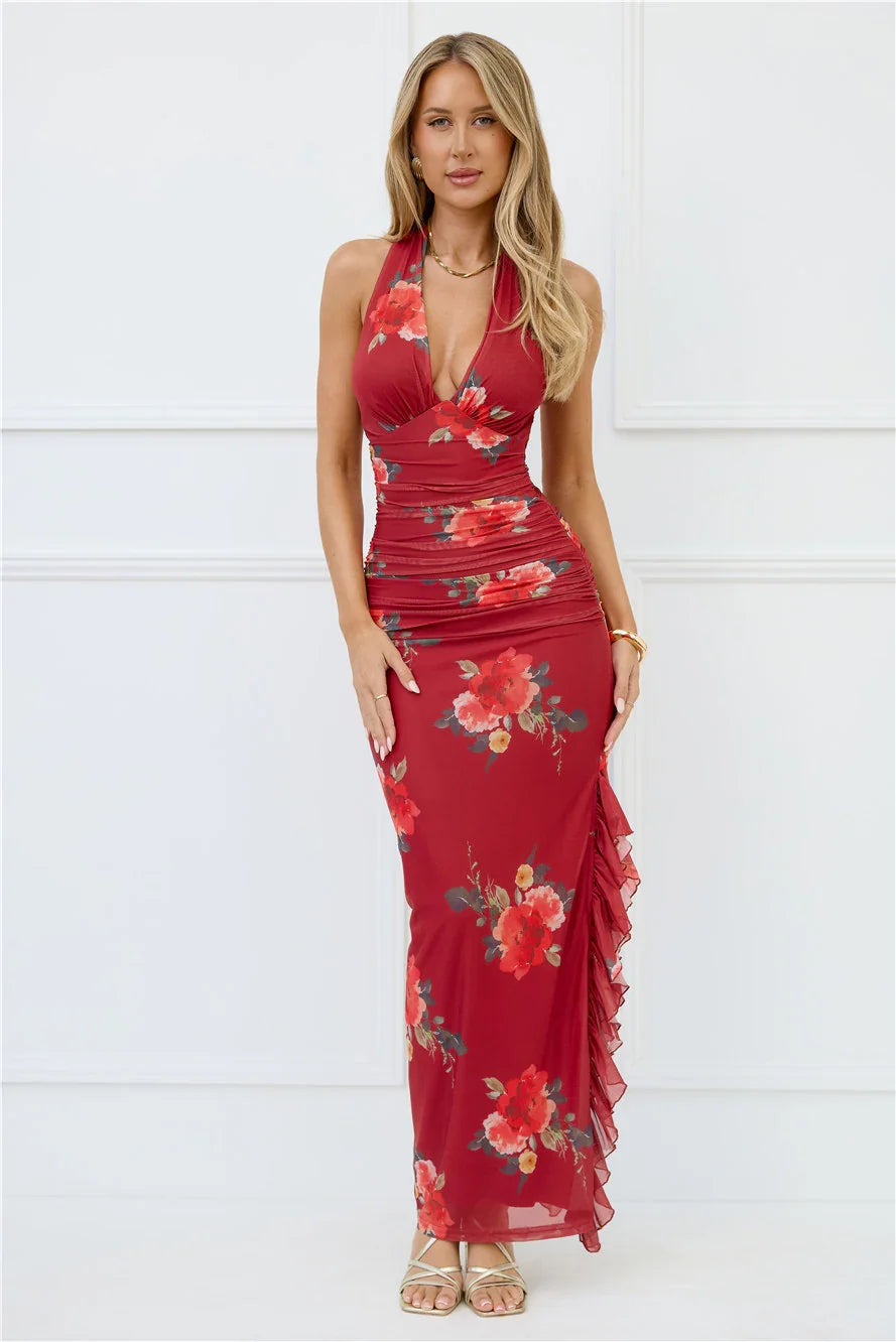 Seductive Sway Mesh Halter Maxi Dress Wine