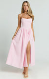Morris Midi Dress Linen Scoop Neck Gathered Dress in Pink