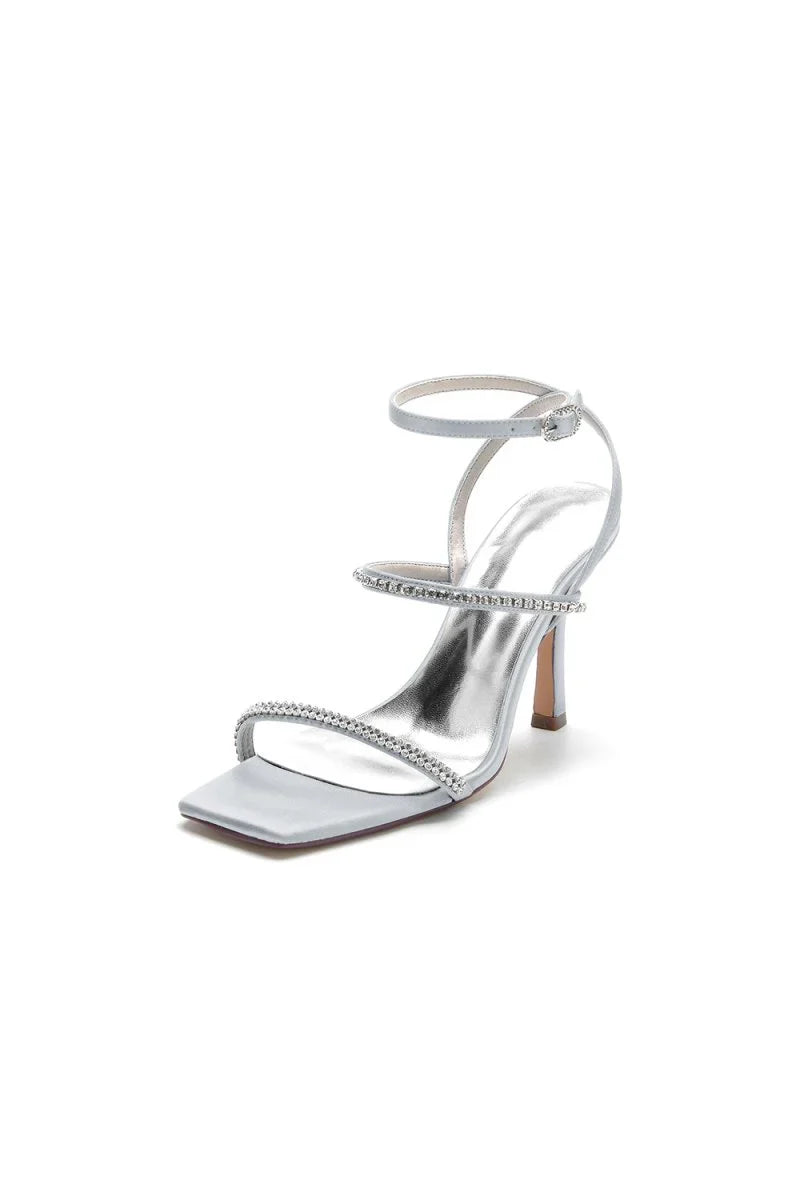 Crystal Cross Straps Square Open Toe Chunky Heels